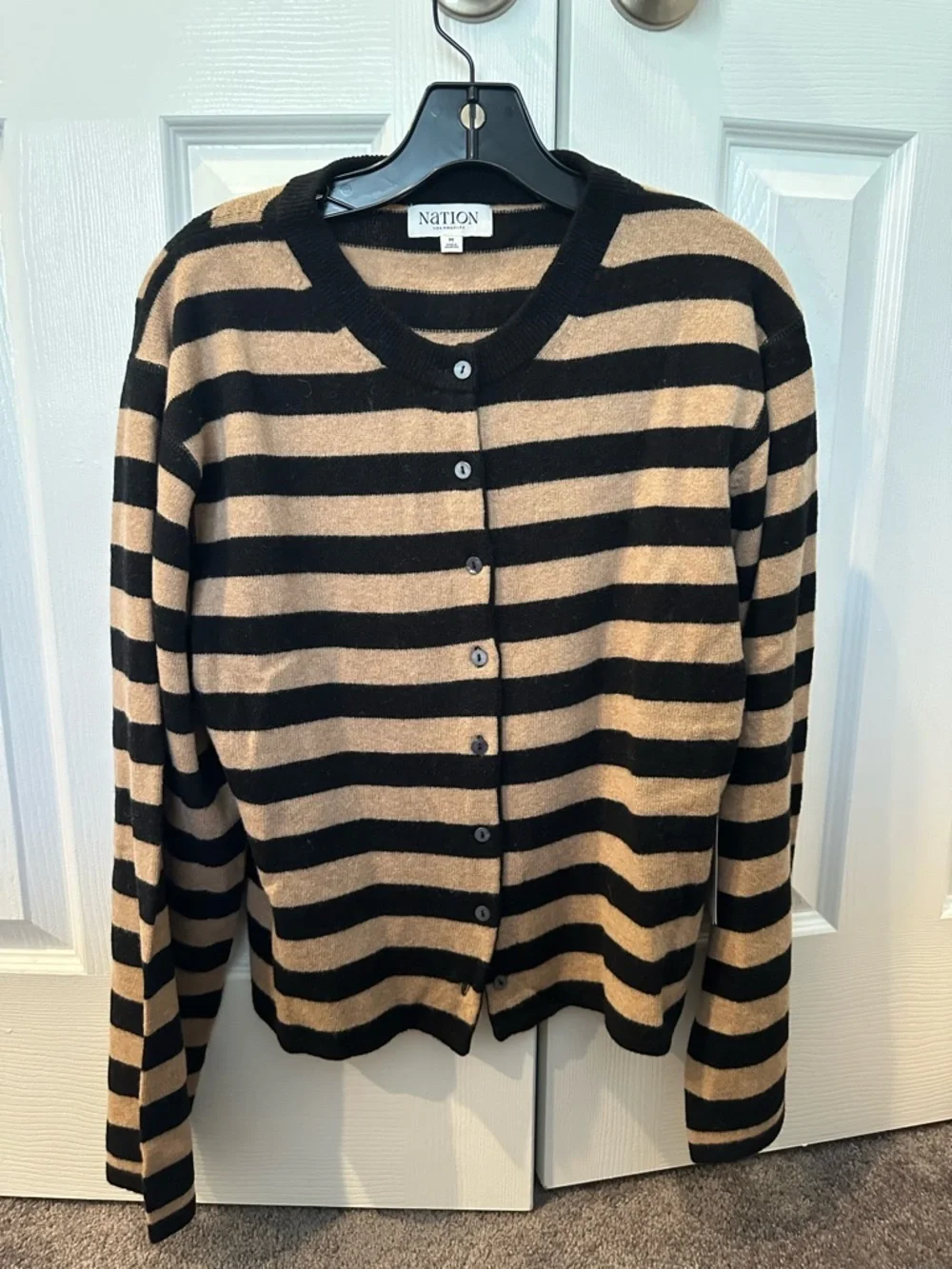 Nation LTD Striped Crewneck Cardigan in Tan and Black - Picture 2 of 5